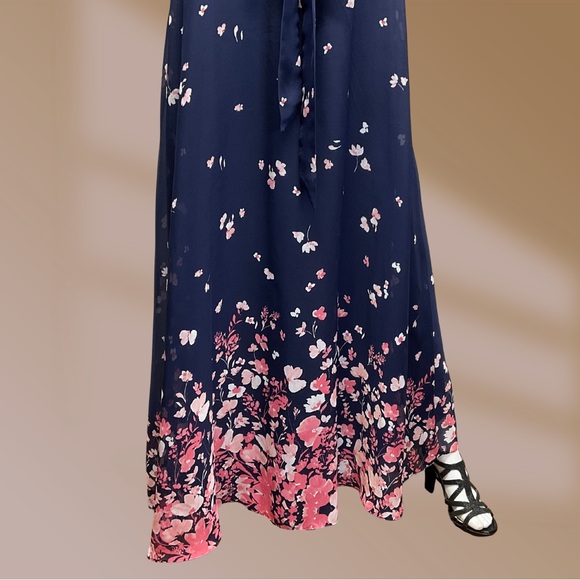 R&K Women's Navy Blue & Pink Floral Maxi Long Dress Size 14 - Picture 3 of 5